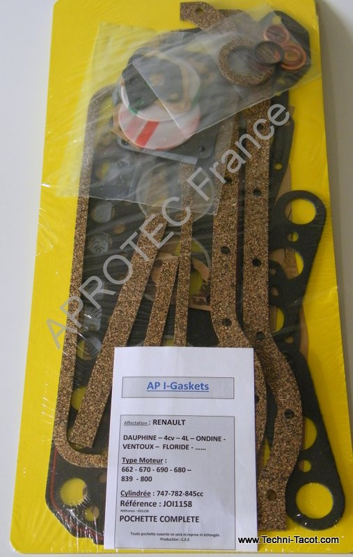 Pochette joints moteur - Renault 4cv Dauphine 4L - 747 - 782 et 845 cm3